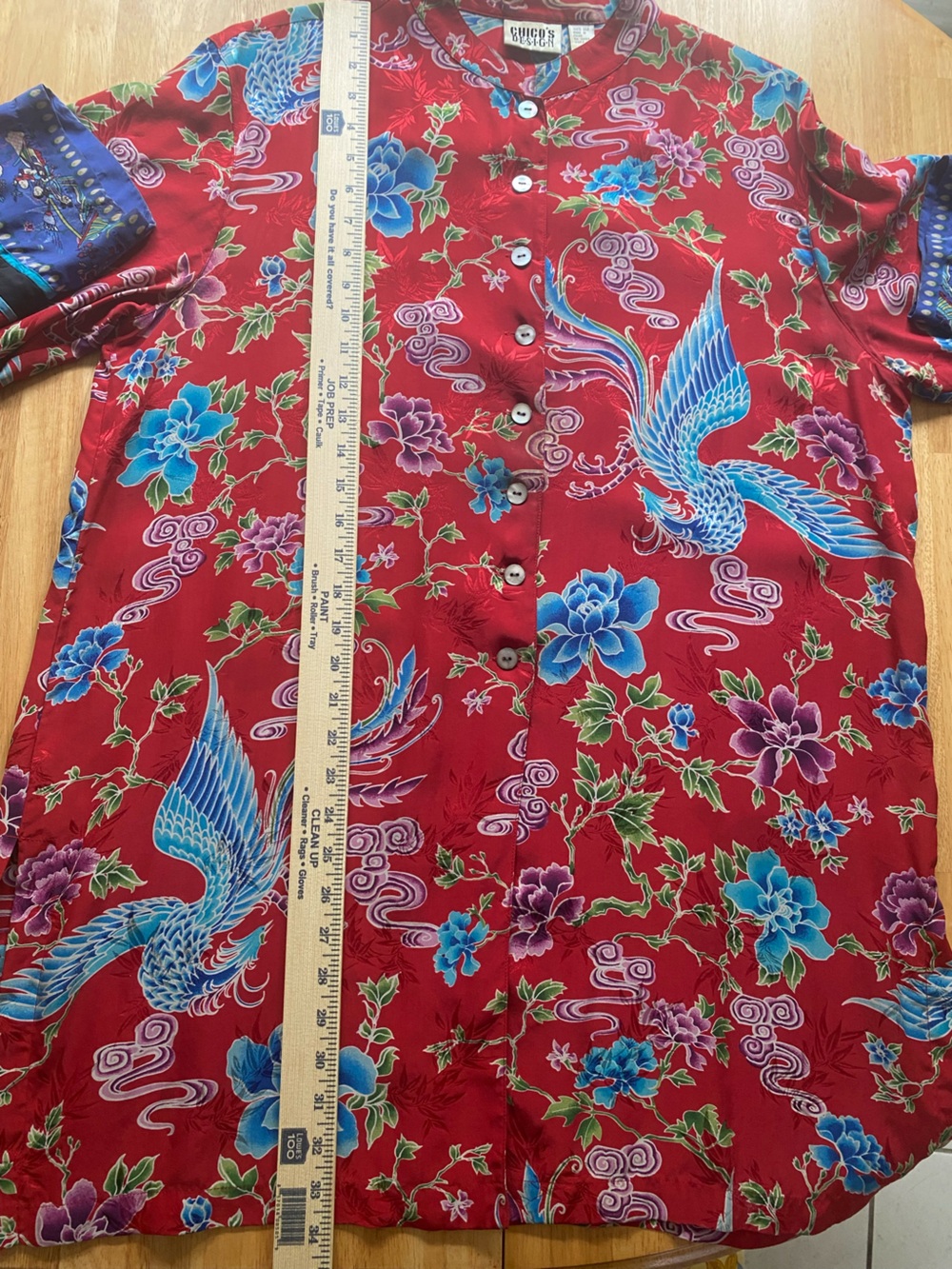 Vintage Chico's Red Silk Kimono Tunic Top with Blue Dragon and Floral Accents - Picture 6 of 8
